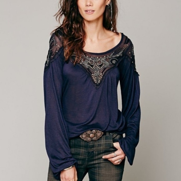 Free People Tops - Free People Blue Sky embellished blouson top, XS